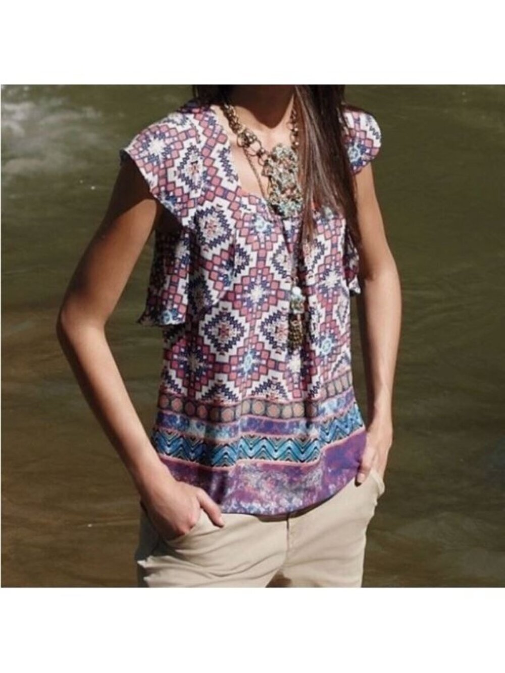 Meadow Rue Anthropologie Top Womens 10 Geo Print Flutter Sleeve Cut Out Boho